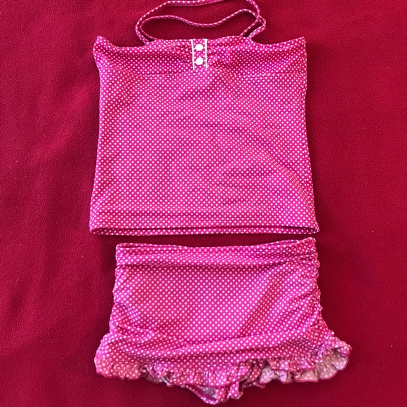Lands’ End Pink polka dot swimsuit with 2 tops. - Picture 2 of 7